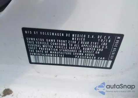 2017 Volkswagen Jetta 1.4T S from USA, damaged, VIN 3VW2B7AJ6HM262162